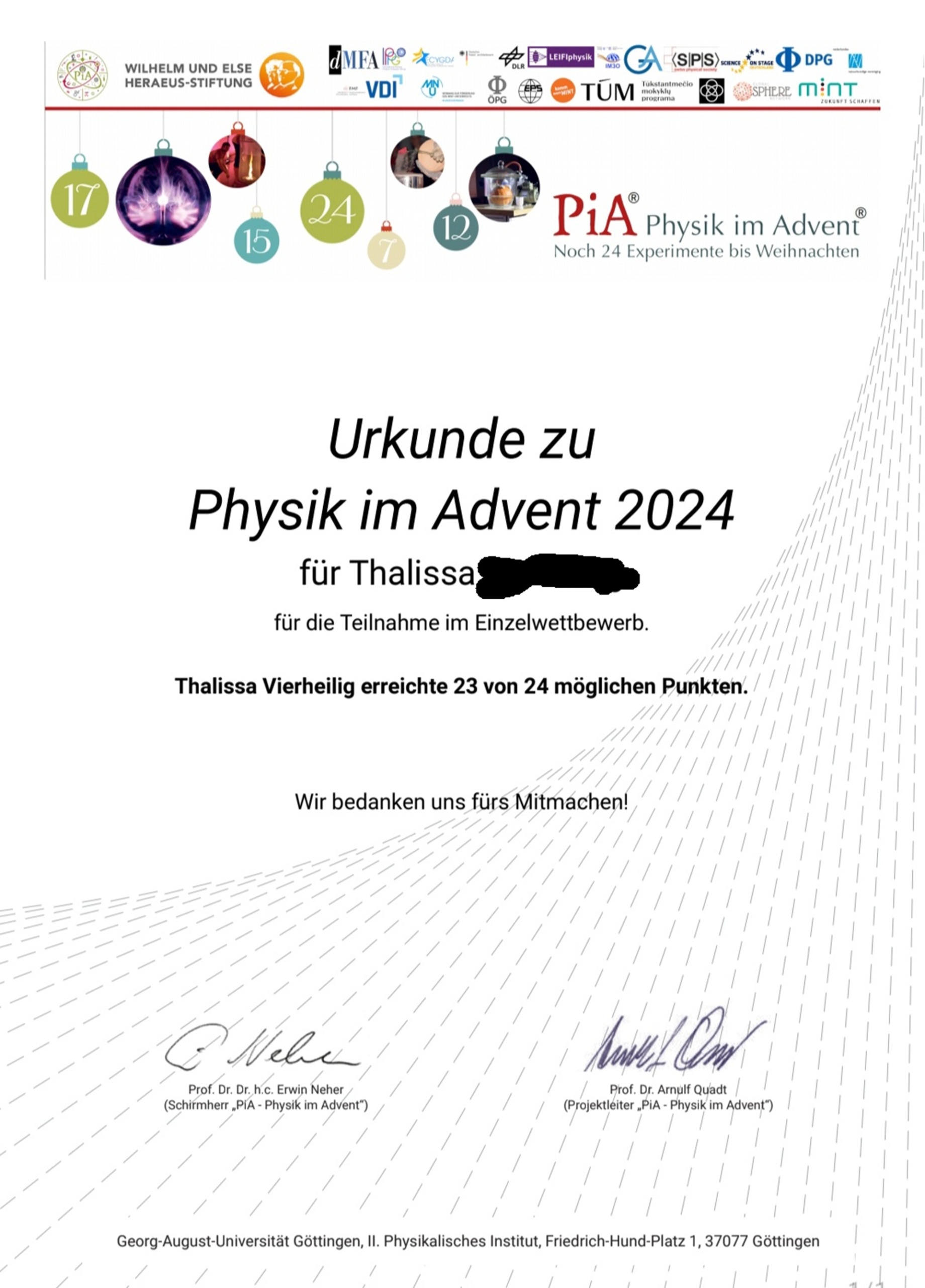 PIA – Physik im Advent 2024 (Foto: Thalisse V., Kl. 11)